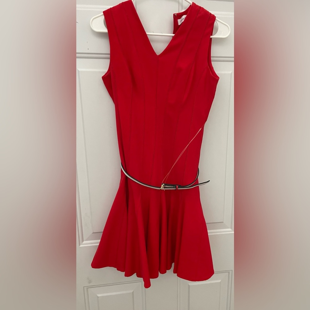 Calvin Klein Fit & Flare Mini Dress Red Womens 2P Belted Sleeveless Party‎ NWT